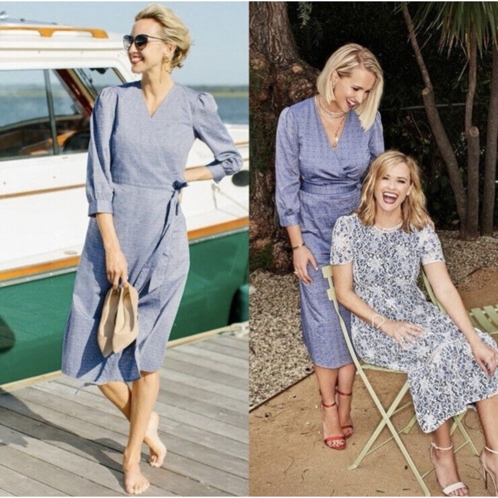 Draper James Embroidered Dot Chambray Wrap Blue Dress Women’s 4